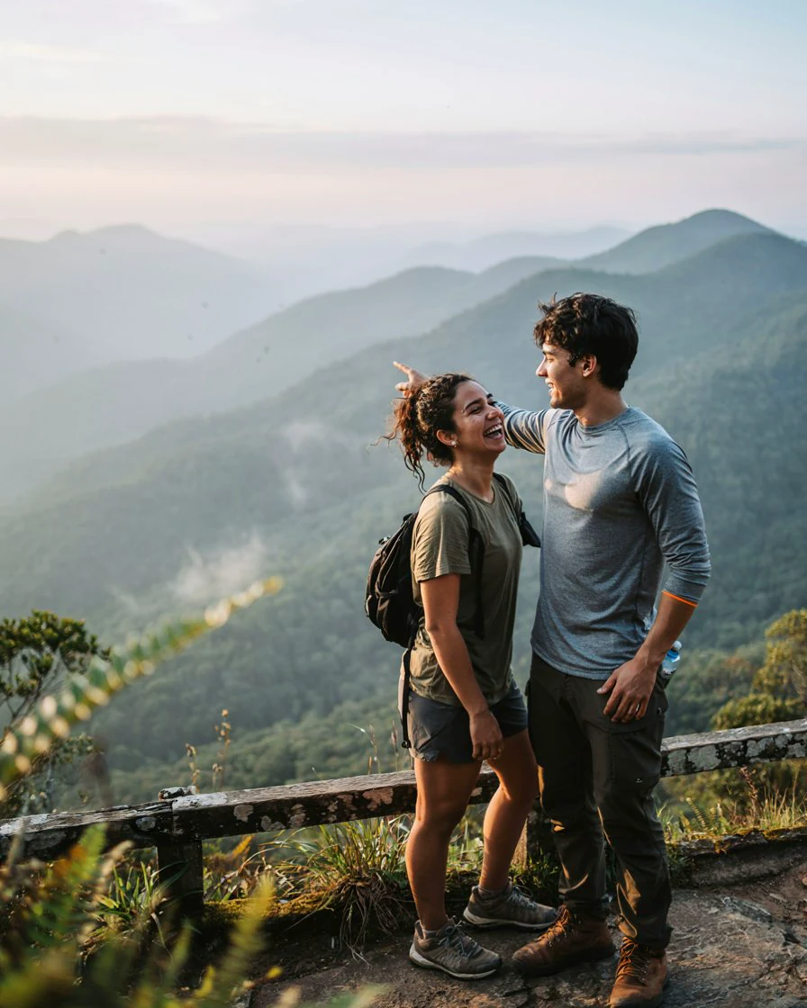 Dois amigos rindo juntos em um mirante de montanha