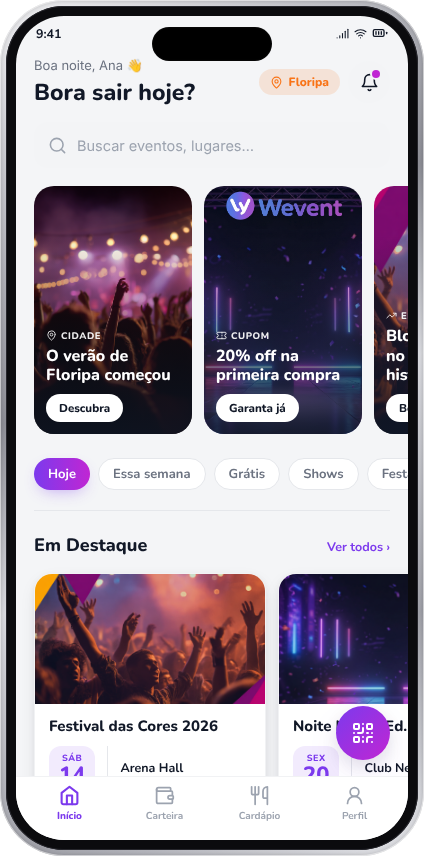 Home da Wevent com eventos, lugares e filtros para descobrir o que fazer