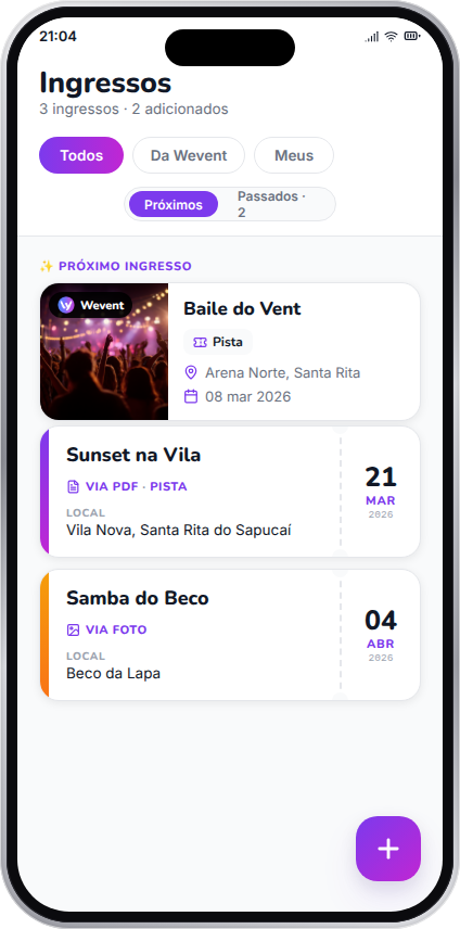 Tela Ingressos da Wevent com um ingresso do app, um PDF e uma foto